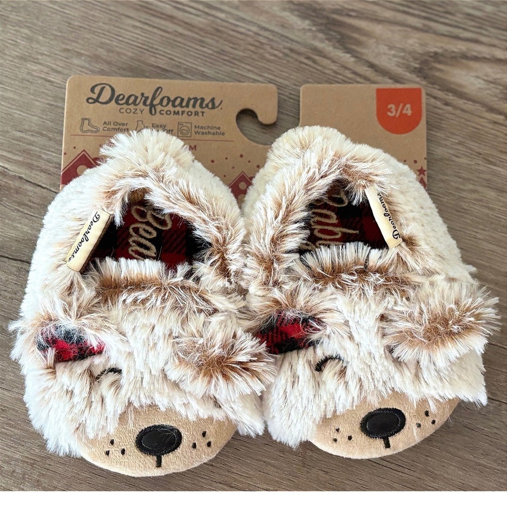 Kid Shoes Dearfoams Bear Brown Faux Fur Memory Foam‎ Size 3-4 WALH1 27160 NWT